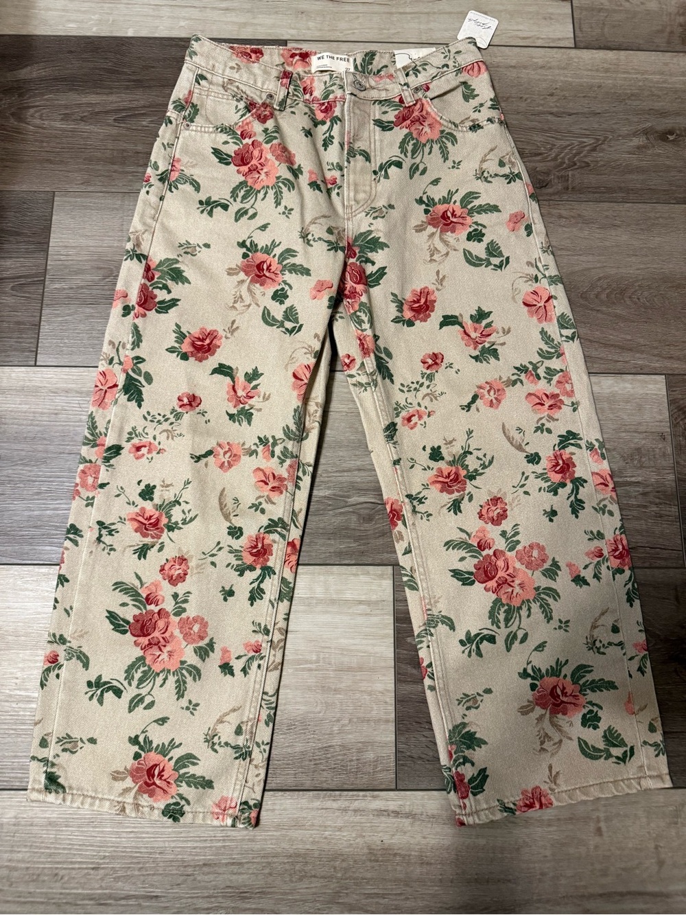 We The Free Beige Floral Straight-Leg Pants with Pink Rose Pattern